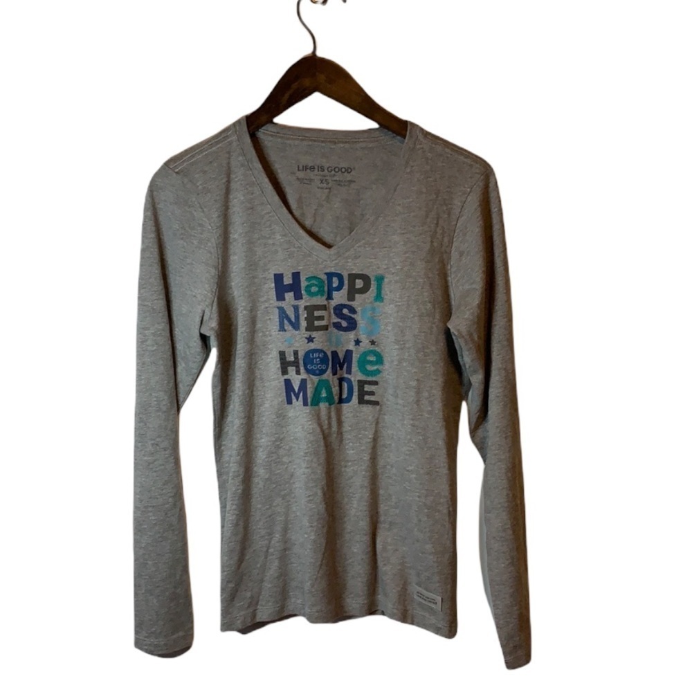 Life is Good Happiness is Homemade Long Sleeve V Neck T Shirt Gray NWT XS